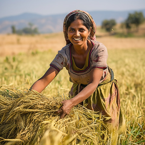 Friendly smiling indian woman farm harvest worker at work on blured background