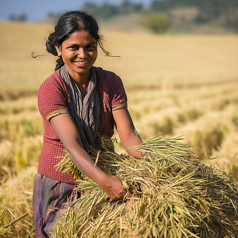 Friendly smiling indian woman farm harvest worker at work on blured background