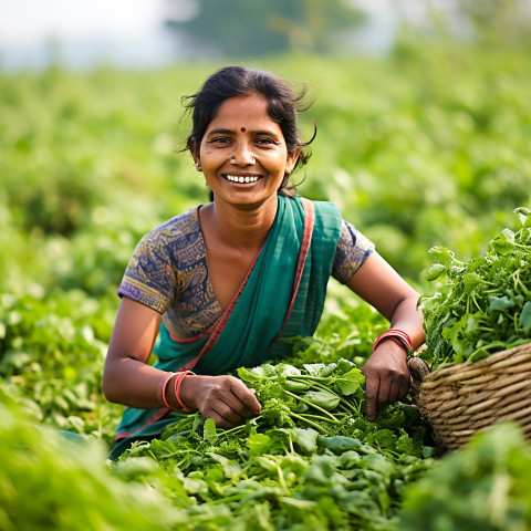 Friendly smiling indian woman farm harvest worker at work on blured background