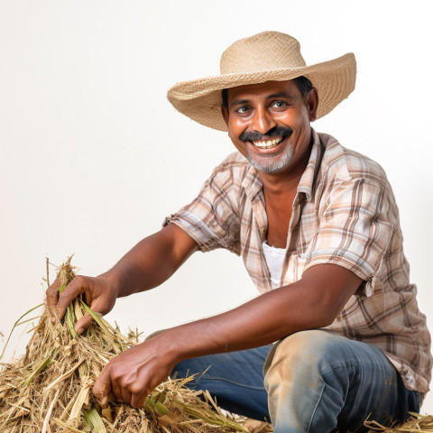 Friendly smiling indian man farm harvest worker at work on isolated white background