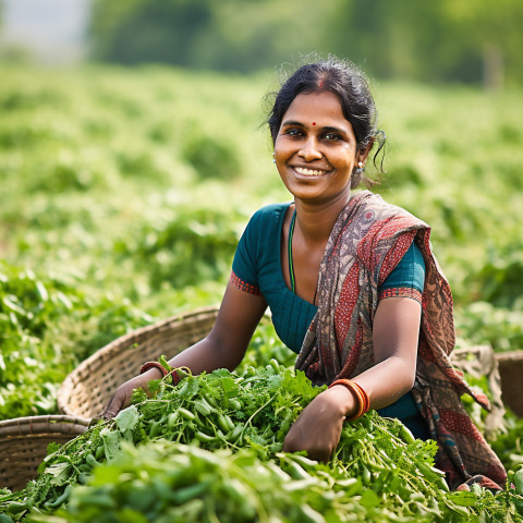 Friendly smiling indian woman farm harvest worker at work on blured background