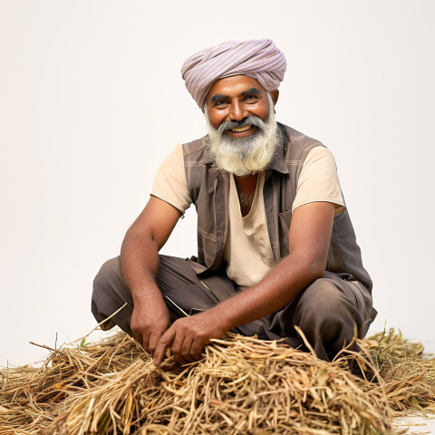 Friendly smiling indian man farm harvest worker at work on isolated white background