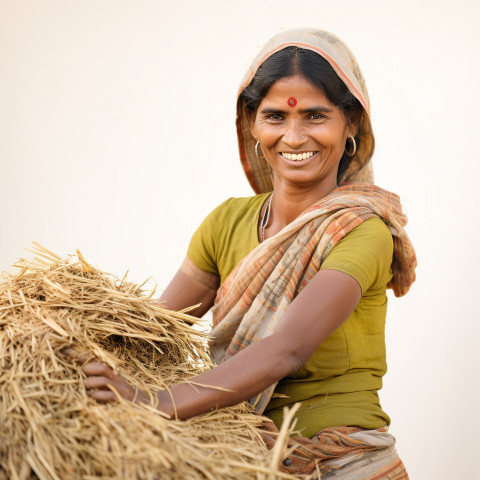 Friendly smiling indian woman farm harvest worker at work on white background