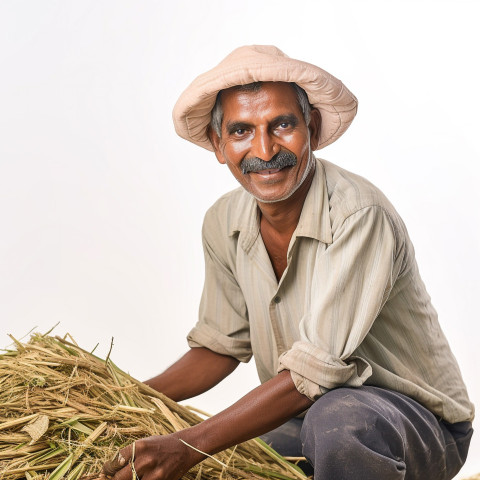 Friendly smiling indian man farm laborer at work on white background