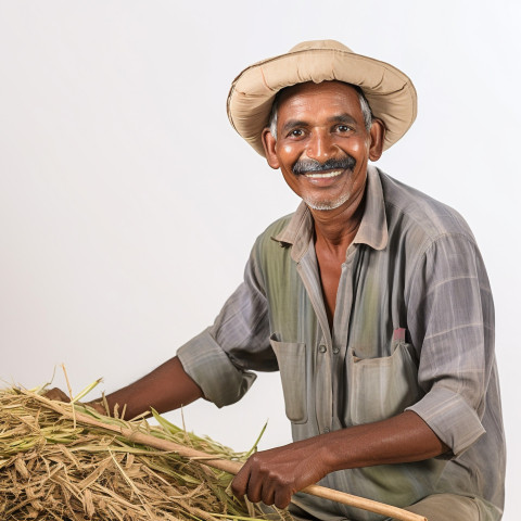 Friendly smiling indian man farm laborer at work on white background