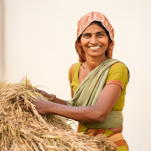 Friendly smiling indian woman farm harvest worker at work on white background