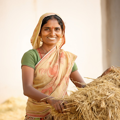 Friendly smiling indian woman farm harvest worker at work on white background