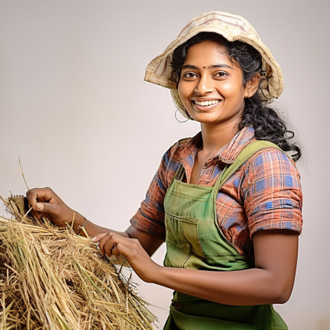 Friendly smiling indian woman farm irrigation specialist at work on white background