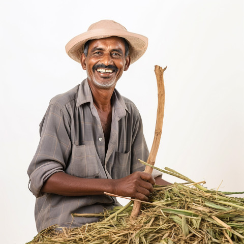 Friendly smiling indian man farm laborer at work on white background