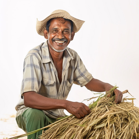 Friendly smiling indian man farm laborer at work on white background