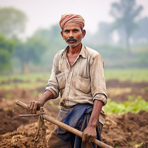 Confident indian man farm laborer at work on blured background