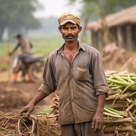 Confident indian man farm laborer at work on blured background