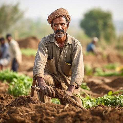 Confident indian man farm laborer at work on blured background