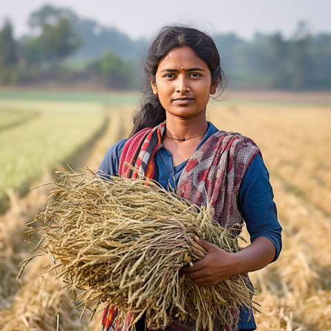 Confident indian woman farm harvest worker at work on blured background