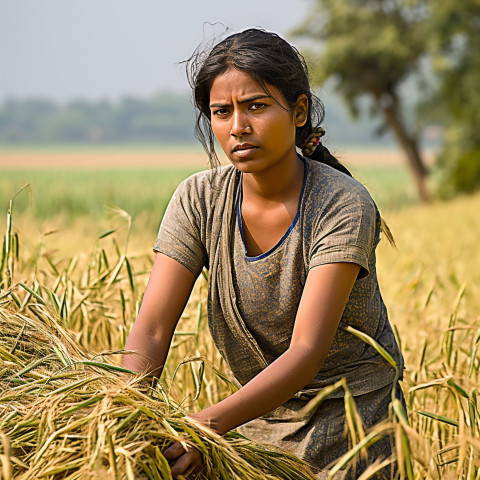 Confident indian woman farm harvest worker at work on blured background