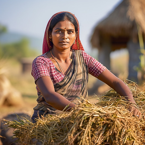 Confident indian woman farm harvest worker at work on blured background