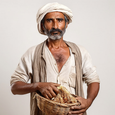 Confident indian man farm laborer at work on blured background