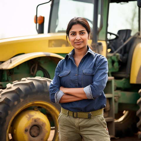 Confident indian woman farm tractor operator at work on blured background