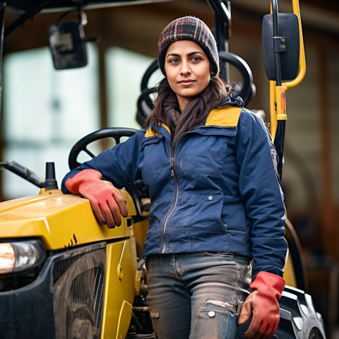 Confident indian woman farm tractor operator at work on blured background