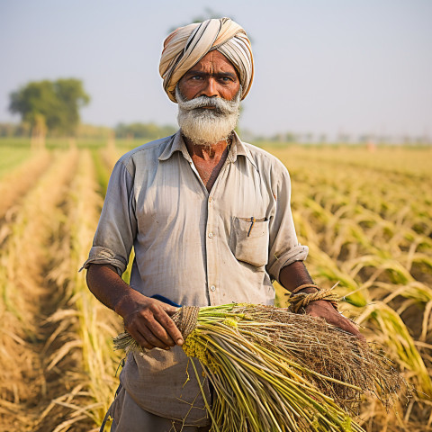 Confident indian man farm harvest worker at work on blured background