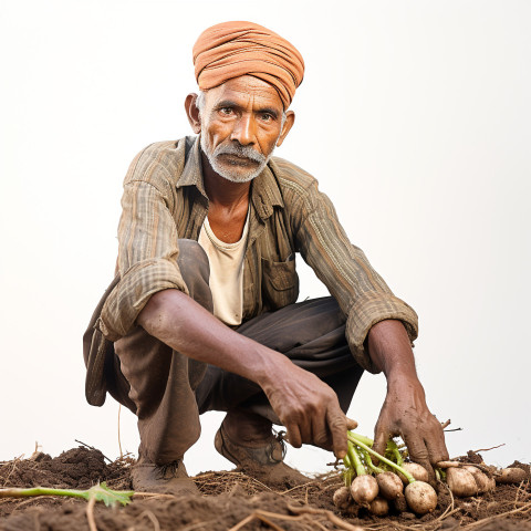 Confident indian man farm laborer at work on blured background