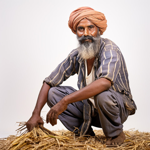 Confident indian man farm laborer at work on blured background