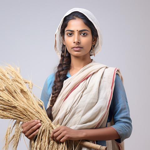 Confident indian woman farm harvest worker at work on blured background