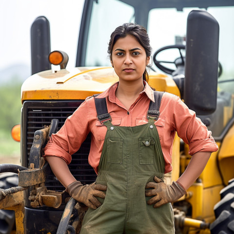 Confident indian woman farm tractor operator at work on blured background