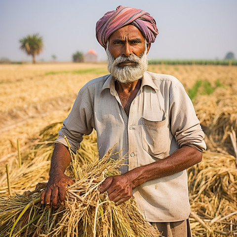 Confident indian man farm harvest worker at work on blured background