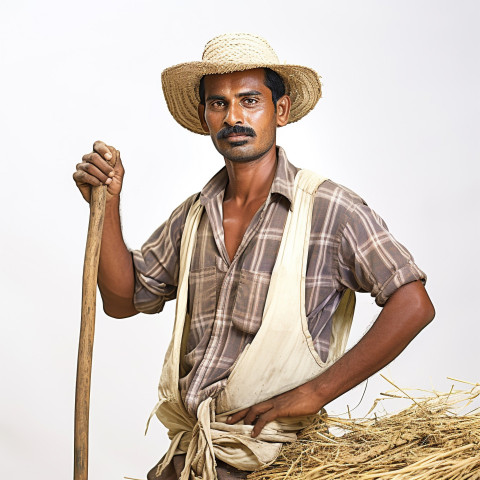 Confident indian man farm laborer at work on blured background