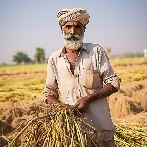 Confident indian man farm harvest worker at work on blured background