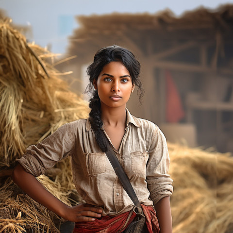 Confident indian woman farm laborer at work on blured background