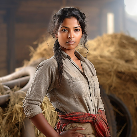 Confident indian woman farm laborer at work on blured background