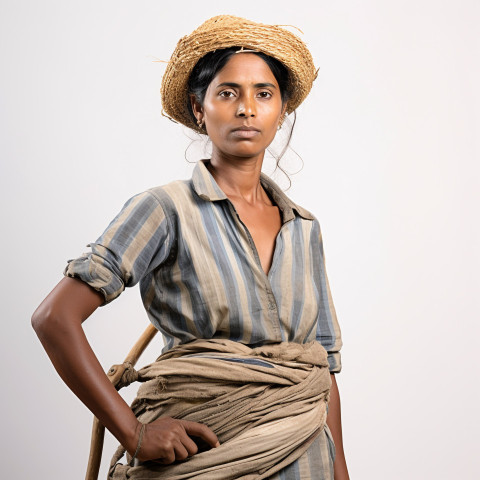 Confident indian woman farm laborer at work on white background