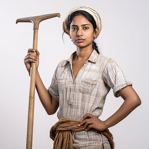 Confident indian woman farm laborer at work on white background