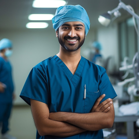 Friendly smiling handsome indian man medical assistant at work on blured background