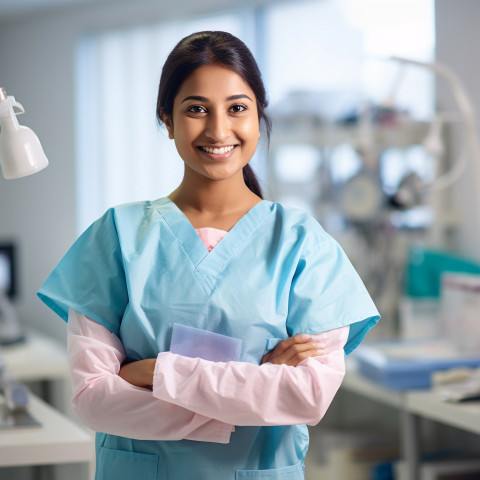 Friendly smiling beautiful indian woman infection control specialist at work on blured background