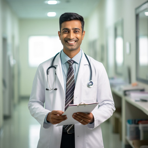 Friendly smiling handsome indian man patient advocate at work on blured background