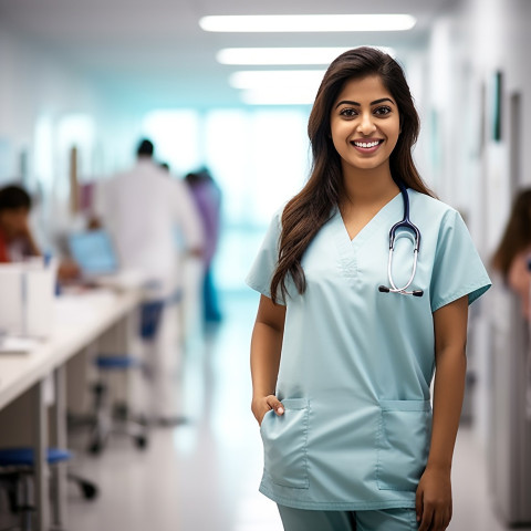 Friendly smiling beautiful indian woman nurse at work on blured background