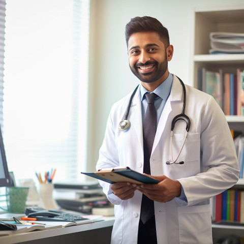 Friendly smiling handsome indian man patient advocate at work on blured background