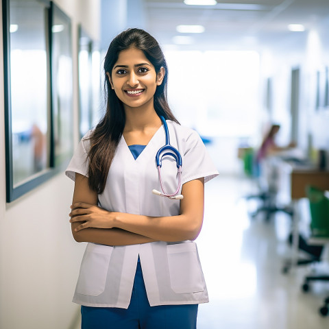 Friendly smiling beautiful indian woman nurse at work on blured background