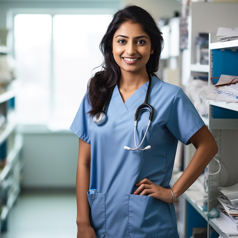 Friendly smiling beautiful indian woman infection control specialist at work on blured background