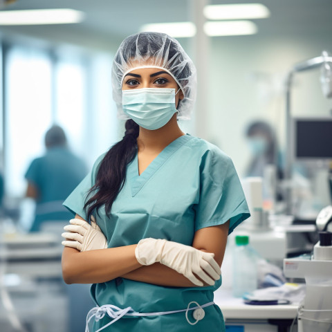 Friendly smiling beautiful indian woman infection control specialist at work on blured background