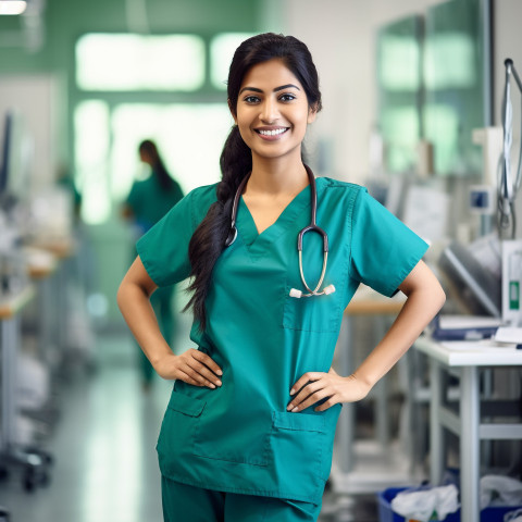 Friendly smiling beautiful indian woman nurse at work on blured background