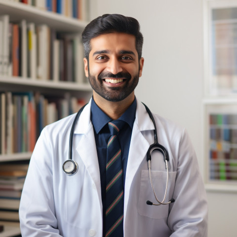 Friendly smiling handsome indian man patient advocate at work on blured background