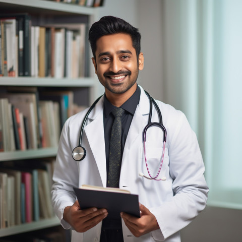 Friendly smiling handsome indian man patient advocate at work on blured background