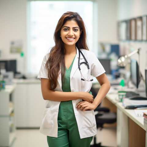 Friendly smiling beautiful indian woman respiratory therapist at work on blured background