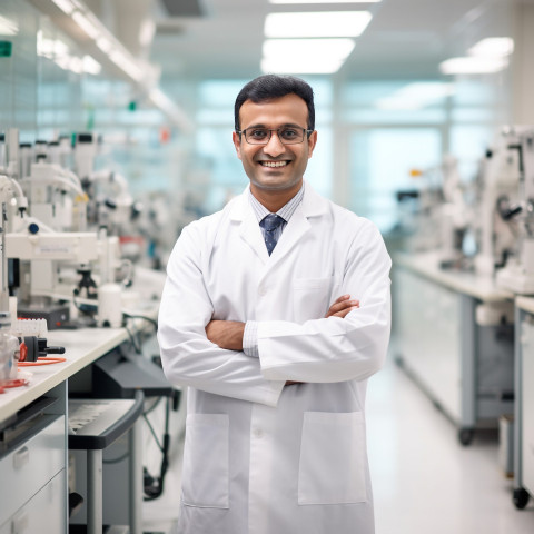 Friendly smiling handsome indian man biomedical engineer at work on blured background