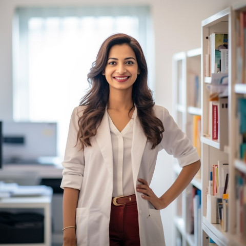 Friendly smiling beautiful indian woman clinical psychologist at work on blured background