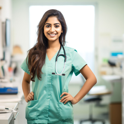 Friendly smiling beautiful indian woman respiratory therapist at work on blured background